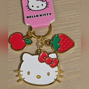 SANRIO HELLO KITTY WITH FRUITS STRAWBERRY CHERRY GOLD TONE KEYCHAIN